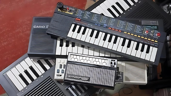 A group of cheap synths stacked on top of each other.