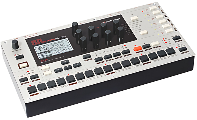 A Elektron Monomachine drum machine with drum samples on a white background.