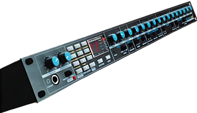 A black and blue mixer with a blue knob on it, perfect for Novation BassStation samples.