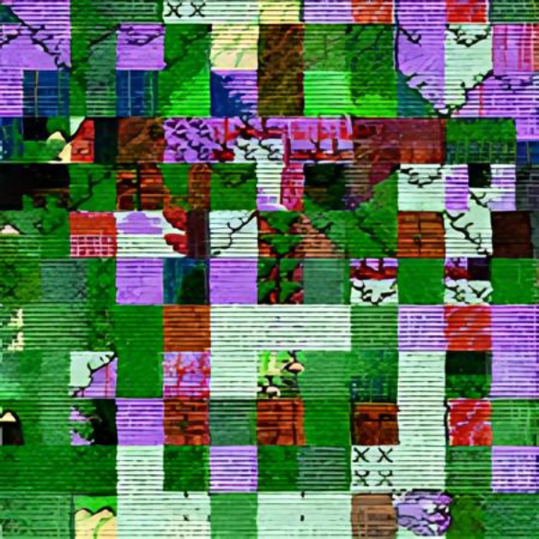 An image of a glitched green and purple square pattern.