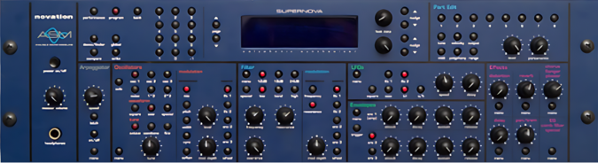 A blue Supernova synthesizer with buttons and knobs, producing mesmerizing Synth Sounds.