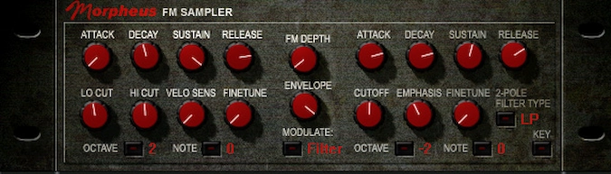 A picture of a Morpheus synthesizer with red buttons.