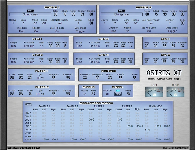 A screen displaying the important settings of the Osiris-XT synthesizer for optimal performance.
