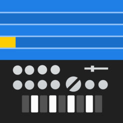 A blue and yellow KORG gadget on a black background.