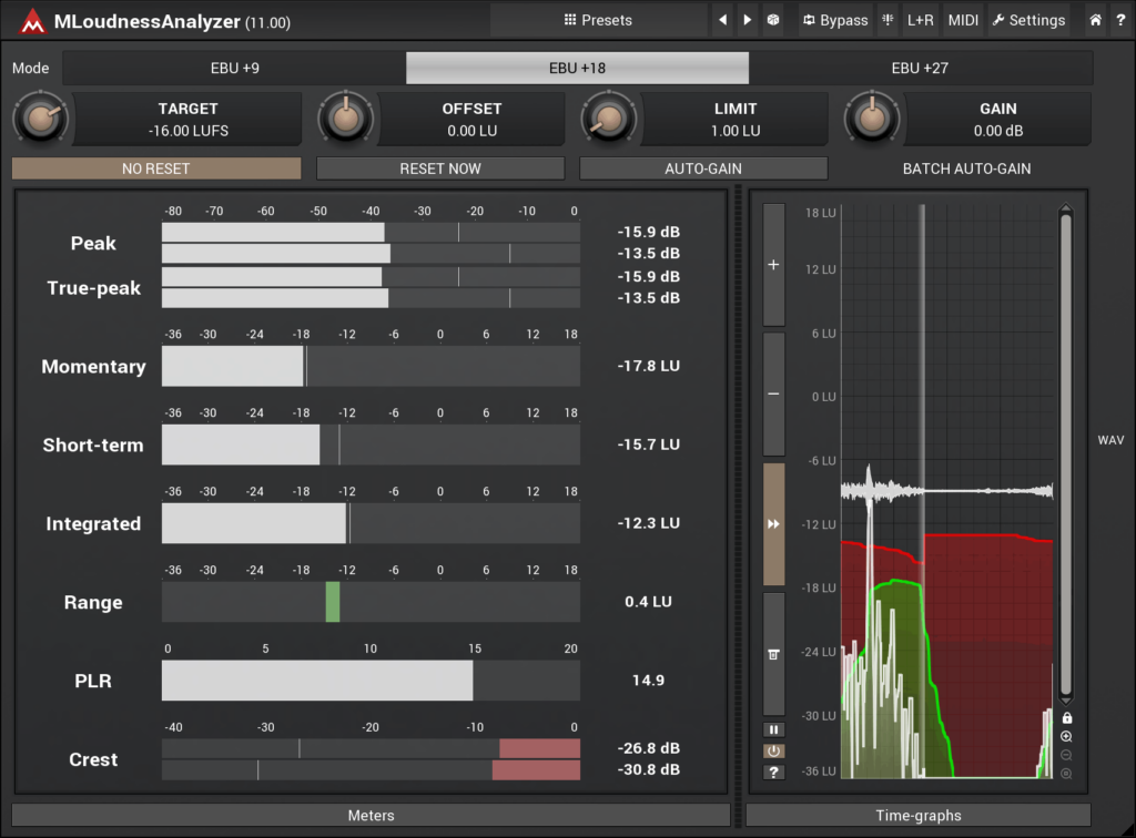 A screen shot of a computer screen showing different settings for MLoudnessAnalyzer.