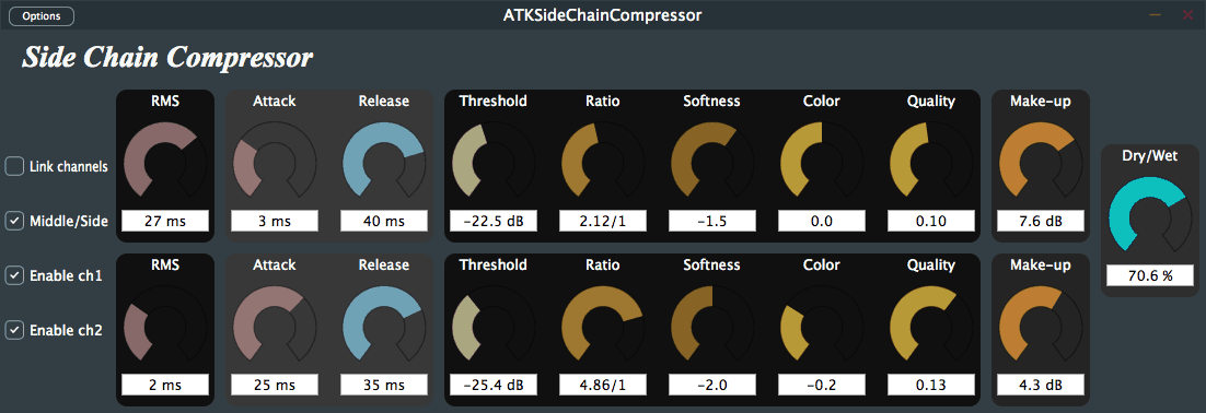 A screen showing the different colors of a synthesizer with Compressor functionality.