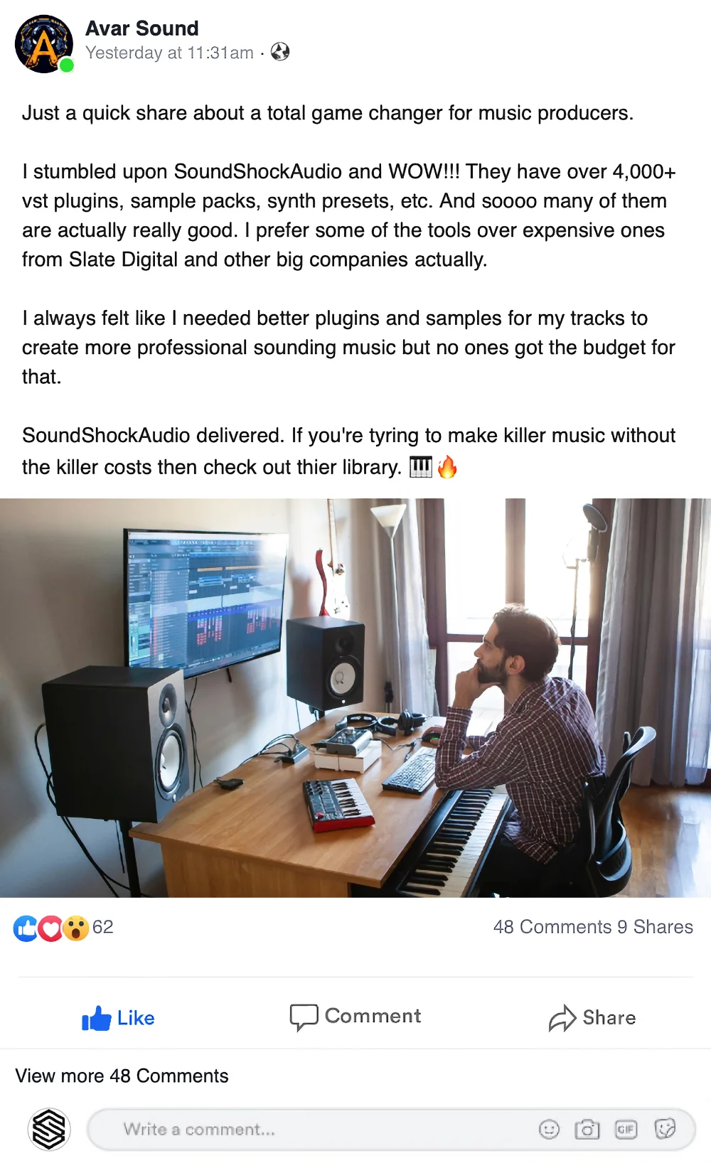 fb post SoundShockAudio testimonial