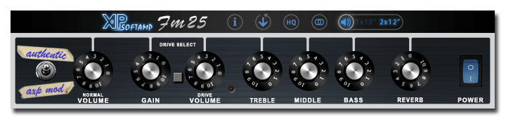 A screen showing the controls of a **SoftAmp FM25** music synthesizer.