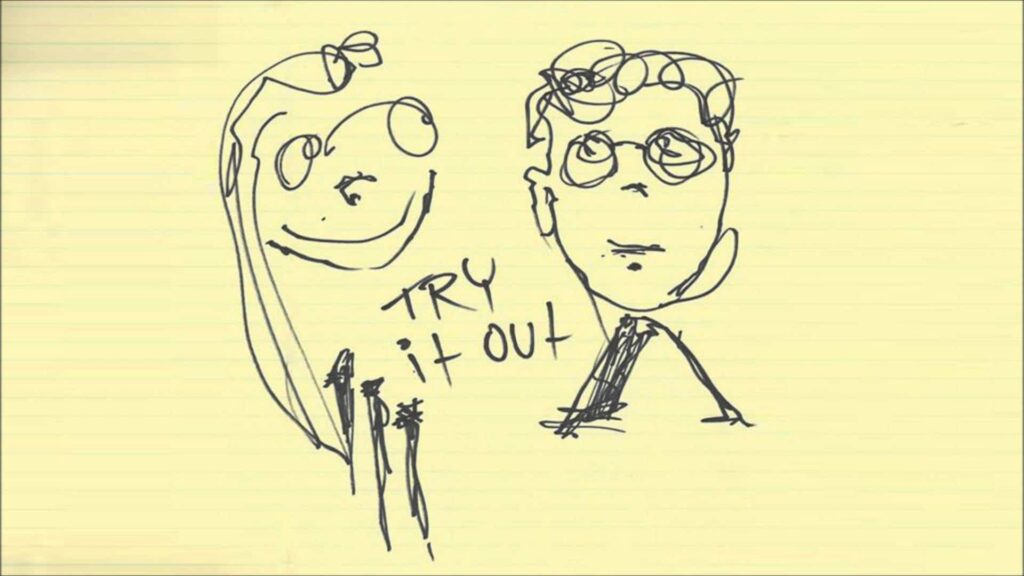 A Skrillex-inspired drawing featuring a couple with the words "Try It Out" in a bold font.