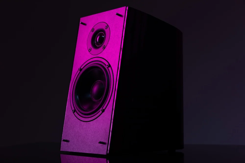 A purple speaker on a black background, providing maximum impact for an ultimate guide in EQ Sub Bass.