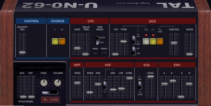 A close-up of a TAL-U-No-62 synthesizer.