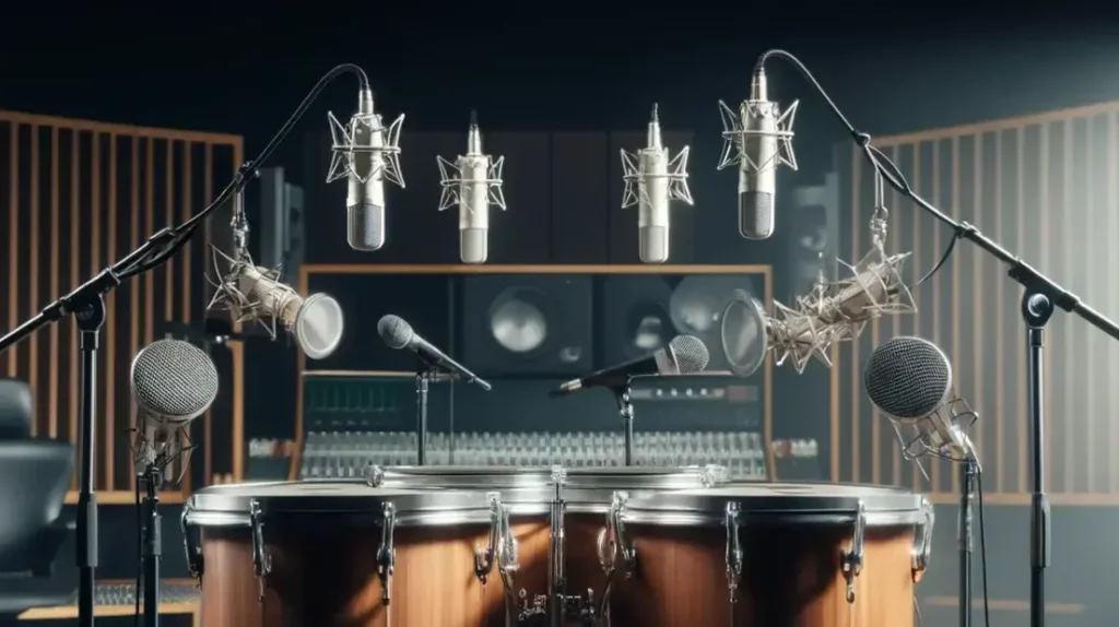 image of timpani drums with microphones set up around them