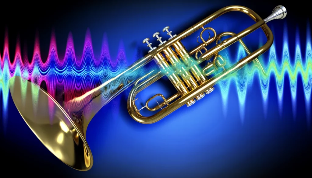 golden trumpet with colorful wave patterns representing its frequency spectrum