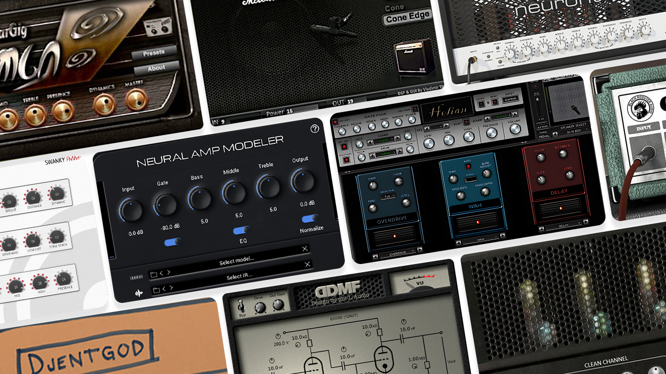 Digital illustration of 10 best free amp simulator VST plugins GUI.