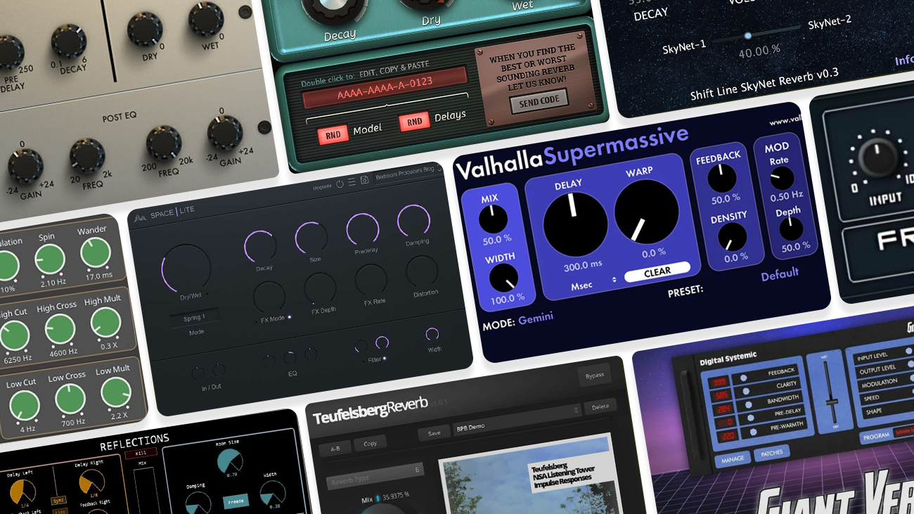 Image displaying multiple artworks featuring free reverb vst plugins GUI screenshot.