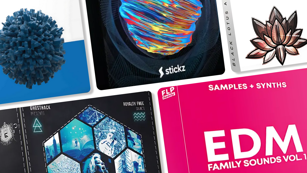 Digital illustration of 5 best free EDM sample packs cover artworks.