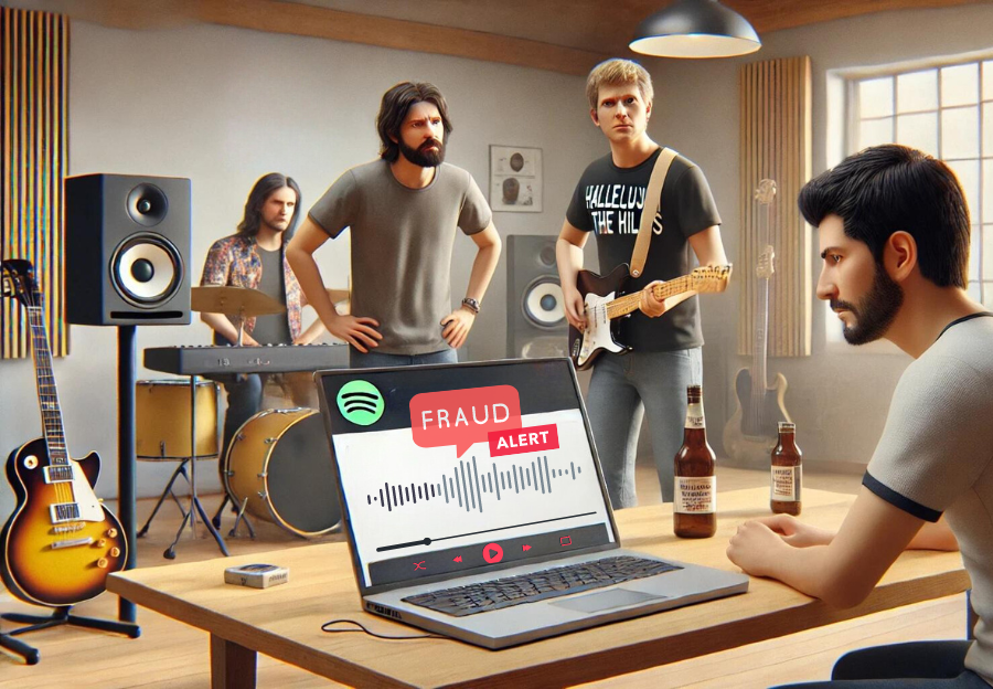 visual illustration depicts the tension and concern of the band as they look at a laptop displaying a Spotify warning message in their music studio