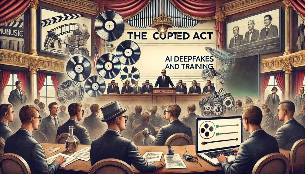 A vintage-style illustration of a congressional hearing on the 'Copied Act' to regulate AI deepfakes and training, featuring lawmakers, attendees, musical records, film reels, and AI-related graphics on a laptop screen.