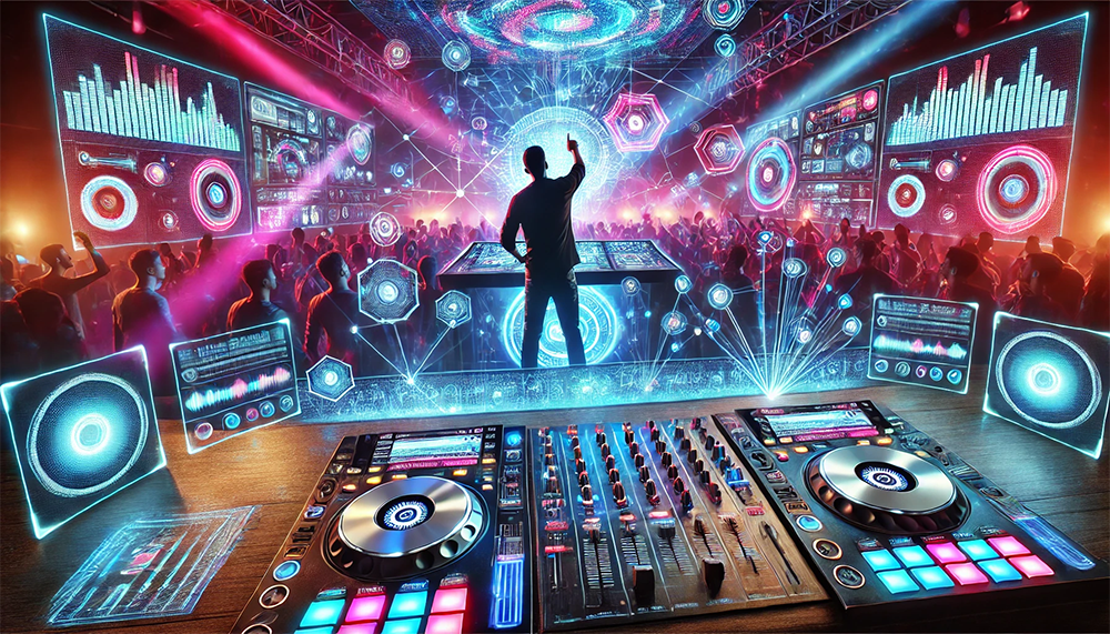 Modern DJ performing at a futuristic club with cutting-edge technology, touch screens, holographic displays, and advanced music mixing equipment, surrounded by an energetic crowd and vibrant LED lights.