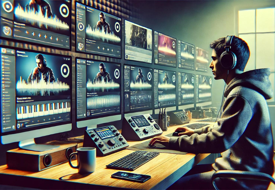 a man sitting at a desk streaming music in multiple screens