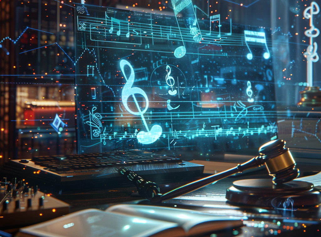 a dynamic scene showcasing a high-tech music studio with AI-generated holographic music notes floating in the air, a futuristic computer interface displaying music editing software, and a tense atmosphere with legal documents and a gavel scattered on a desk in the foreground, highlighting the clash between innovation and copyright law