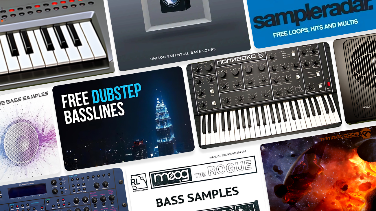 Image displaying multiple artworks featuring free bass sample packs.