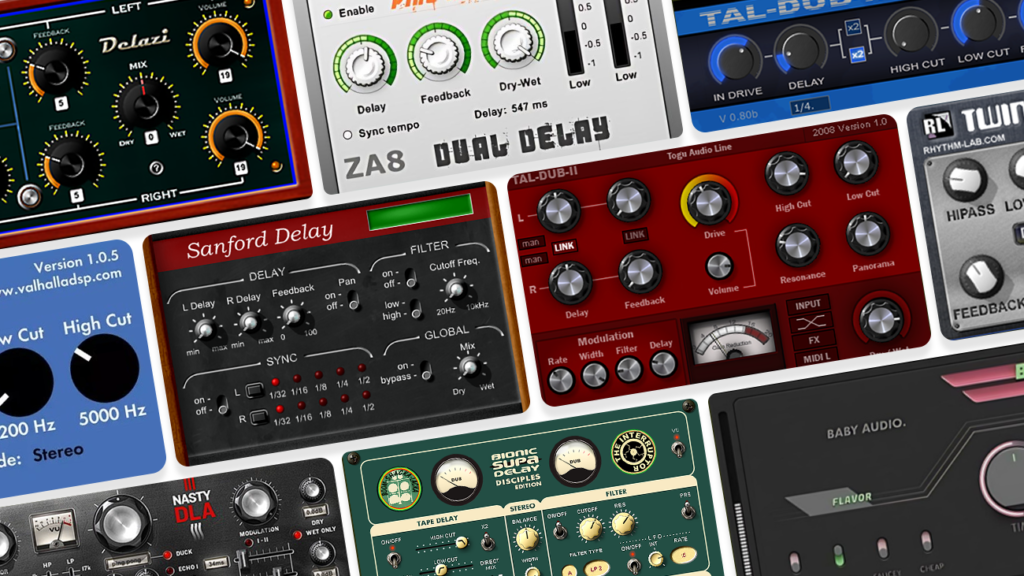 Image displaying multiple GUI featuring free delay vst plugins.