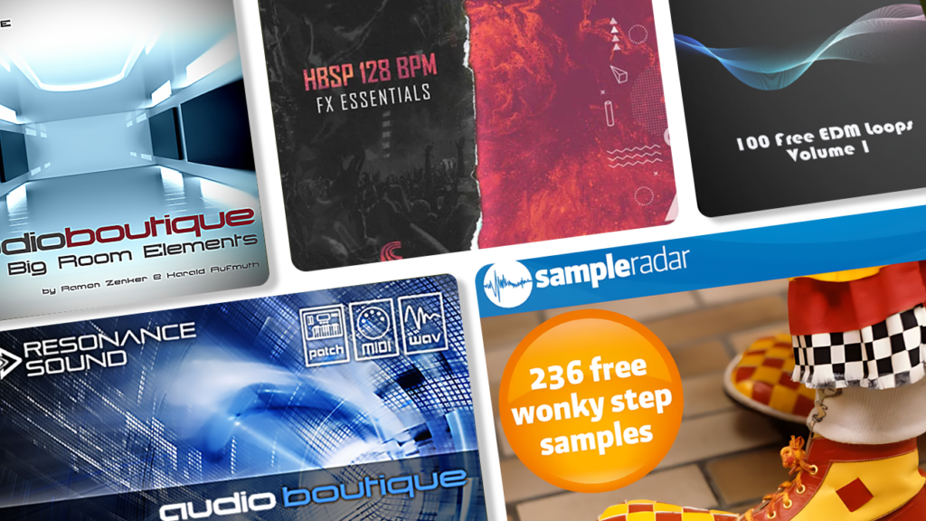 Image displaying multiple artworks featuring free pop sample packs.