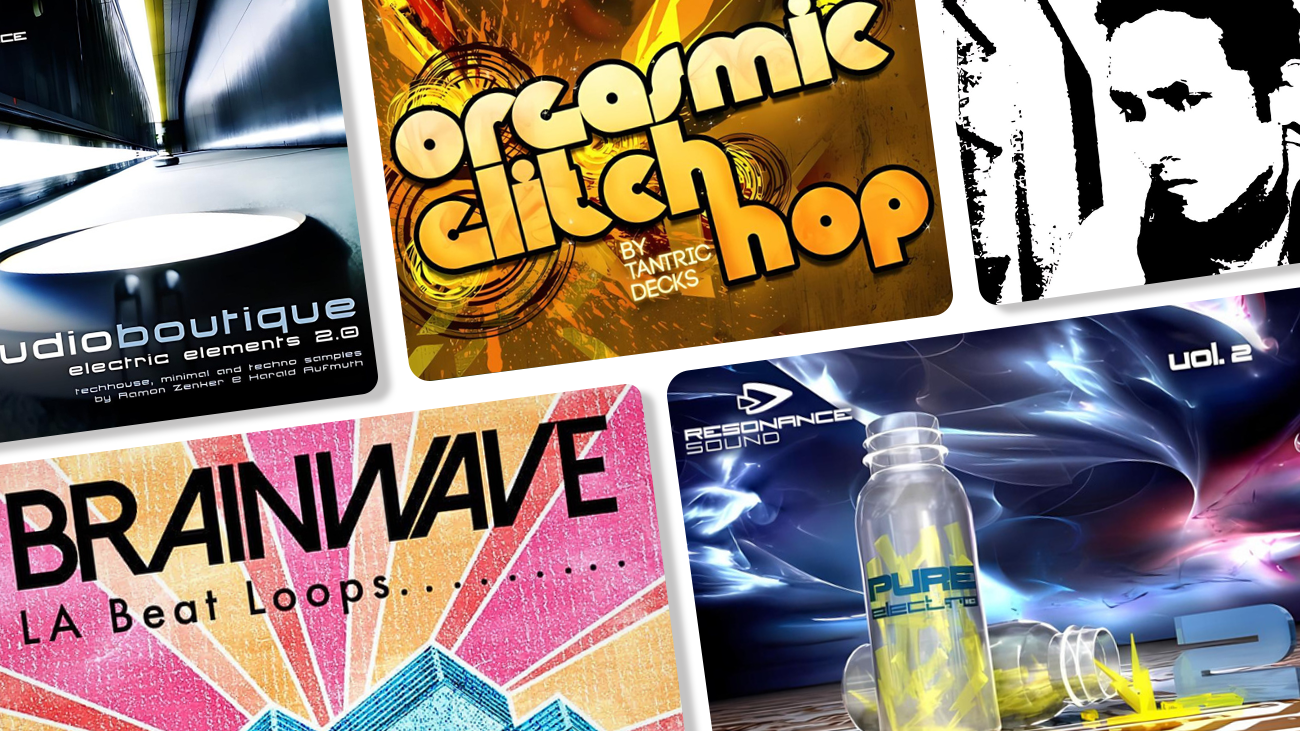 Image displaying multiple artworks featuring free electronic sample packs.