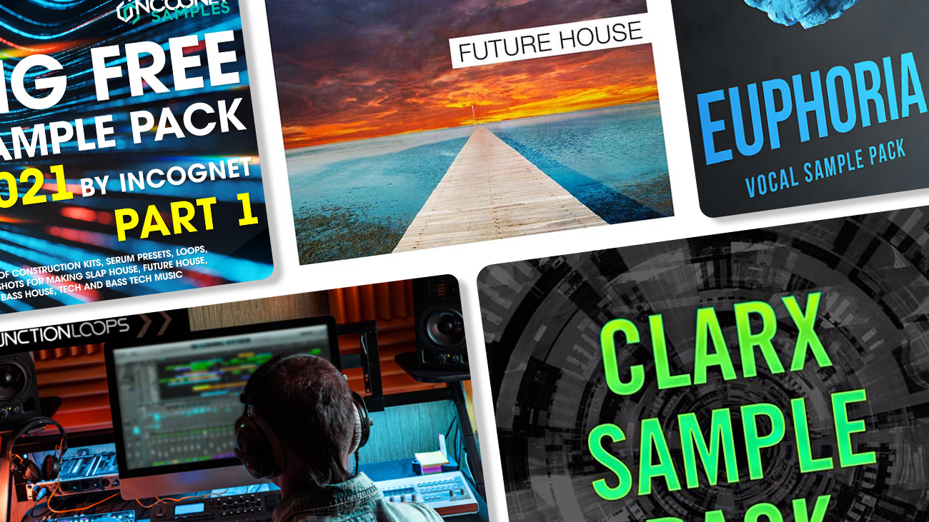 Image displaying multiple artworks featuring free future house sample packs.