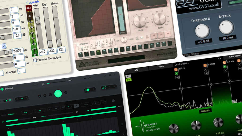 Image displaying multiple GUI featuring free gate vst plugins.