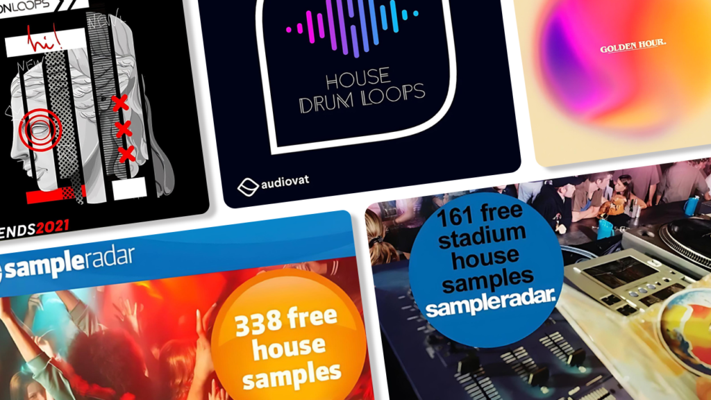 Image displaying multiple artworks featuring free house sample packs.