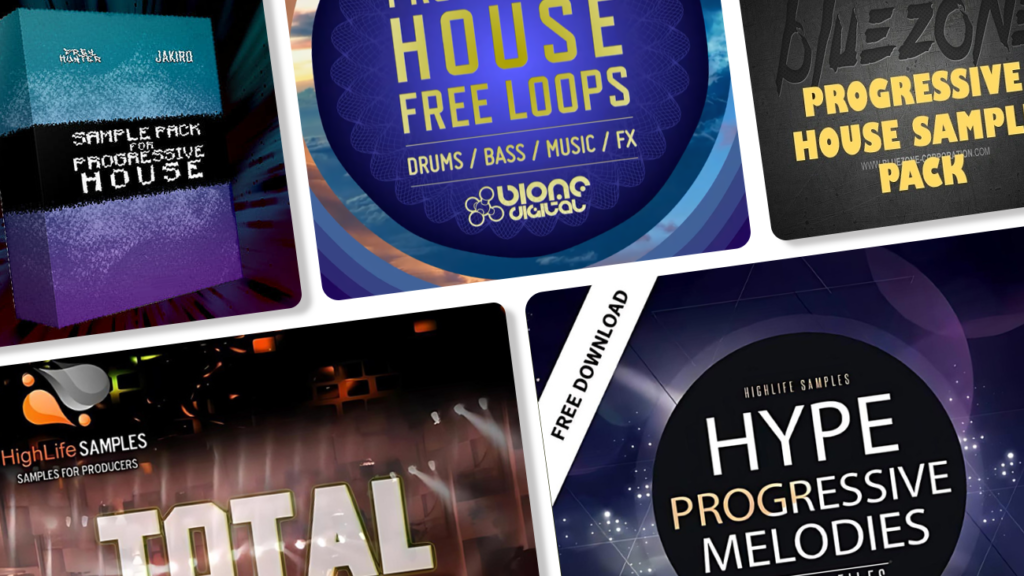 Image displaying multiple artworks featuring free progressive house sample packs.