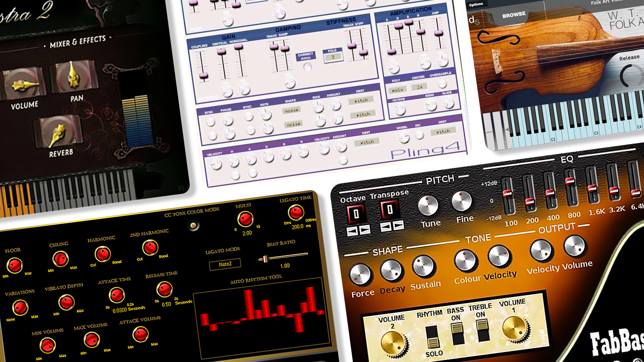 Image displaying multiple GUI featuring free string vst plugins.