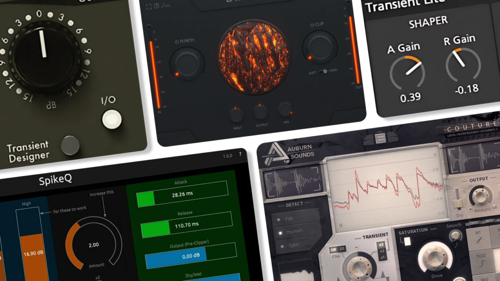 Image displaying multiple GUI featuring free transient shaper vst plugins.