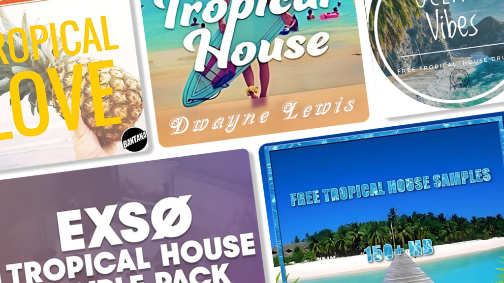 Image displaying multiple artworks featuring free tropical house sample packs.